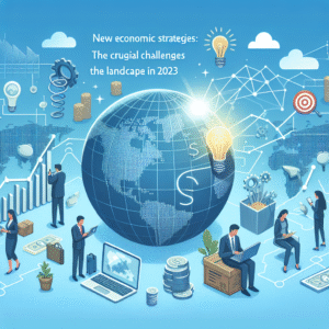 Create a realistic illustration depicting the theme: 'New Economic Strategies: The Crucial Challenges in the Global Landscape of 2023'. The image should be modern, engaging, and suitable to accompany a news article. Avoid any text or inscriptions in the image.